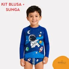 Conjunto de banho praia piscina solar natação infantil masculino menino camisa e sunga proteção uv com cadarçoestampado