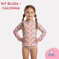 Conjunto de banho praia infantil feminino menina proteção uv camisa e calcinha piscina solar natação estampado