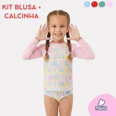 Conjunto de banho praia infantil feminino proteção uv camisa e calcinha piscina solar natação menina estampado