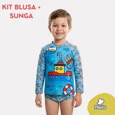Conjunto de banho praia infantil masculino natação menino proteção uv camisa e sunga piscina solar estampado