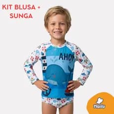 Conjunto de banho praia infantil masculino natação menino proteção uv camisa e sunga piscina roupa solar estampado