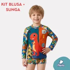 Conjunto de banho praia piscina solar natação infantil masculino menino proteção uv camisa e sunga estampado