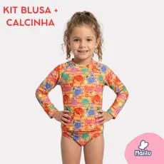 Conjunto de banho praia infantil feminino menina proteção uv solar natação estampado camisa e calcinha piscina