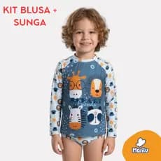 Conjunto de banho praia infantil masculino natação piscina menino proteção uv camisa e sunga solar estampado