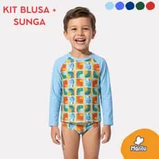 Conjunto de banho praia infantil masculino menino proteção uv camisa e sunga piscina solar natação estampado