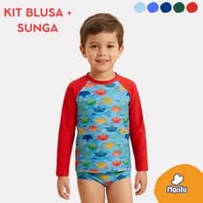 Conjunto de banho praia masculino infantil menino proteção uv camisa e sunga piscina solar natação estampado