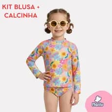 Conjunto de banho praia infantil feminino menina proteção uv camisa e calcinha piscina natação solar estampado