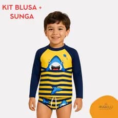 Conjunto de banho camisa e sunga praia piscina solar natação infantil masculino menino proteção uv com cadarçoestampado