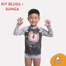 Conjunto de banho praia infantil masculino menino piscina solar natação proteção uv camisa e sunga estampado