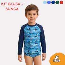 Conjunto de banho praia infantil masculino menino proteção uv camisa e sunga piscina natação solar estampado