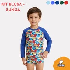 Conjunto de banho piscina infantil masculino menino proteção uv camisa e sunga praia solar natação estampado