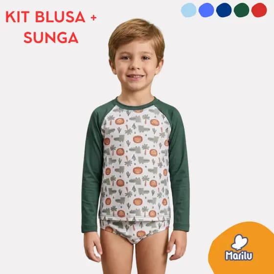 Conjunto de banho estampado praia infantil masculino menino proteção uv camisa e sunga piscina solar natação