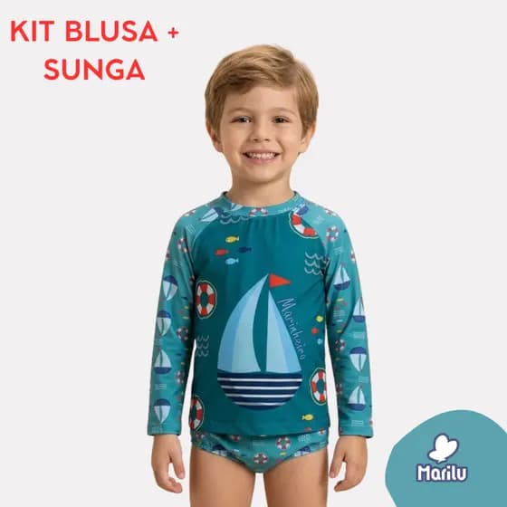 Conjunto de banho praia infantil masculino proteção uv camisa e sunga menino piscina solar natação estampado