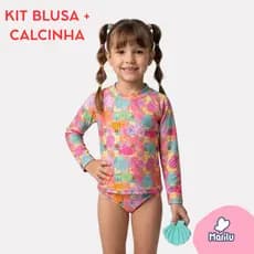 Conjunto de banho praia infantil feminino menina proteção uv camisa e calcinha nataçao piscina solar estampado