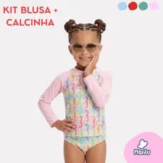Conjunto de banho praia infantil menina feminino proteção uv camisa e calcinha piscina solar natação estampado