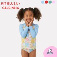 Conjunto de banho praia menina infantil feminino proteção uv camisa e calcinha piscina solar natação estampado
