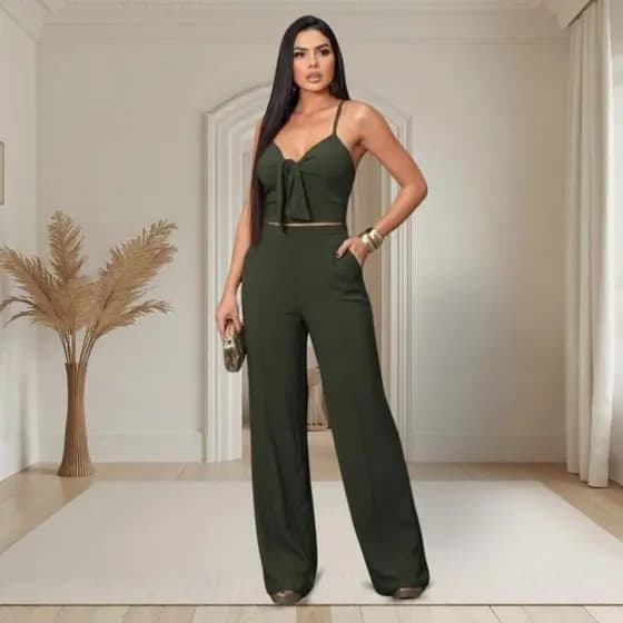 CALÇA PANTALONA E CROPPED, Conjunto Feminino Social Estilo e Conforto Elegante - Tecido Viscolinho