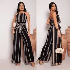 Macacão Envelope Feminino, Forma Pantalona, Listrado Elegante Social ( transpassado ) - Tecido DUNA Premium
