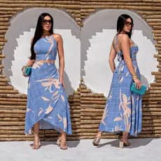 CONJUNTO SAIA ENVELOPE & CROPPED Modelo Feminino Vestido, Conjunto Estampado - Tecido VISCOLINHO
