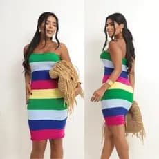 VESTIDO FEMININO VIRGINIA TRICOT, Vestido tomara que caia Colorido Verão Carnaval - Tricot Verão