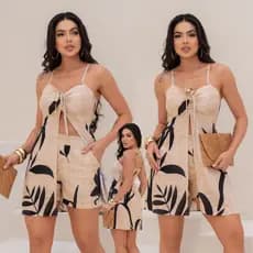 CONJUNTO FEMININO VESTIDO BATA E SHORT, Elegante Conjunto Social, Conforto Estilo -Tecido VISCOLINHO