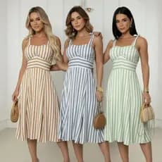 VESTIDO MIDI FEMININO, com Alça Listrado, Bojo e Forro , Vestido Elegante Social - Tecido Viscolinho