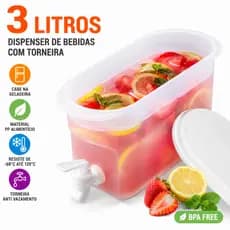 Suqueira Dispenser de Bebidas 3L com Torneira para Geladeira Água Saborizada e Suco