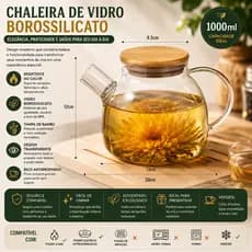 Chaleira de Vidro 1 Litro com Tampa de Bambu - Resistente ao Calor e Filtro Inox