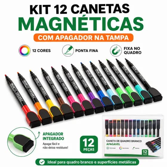 Kit 12 Canetas Magnéticas para Quadro Branco Coloridas com Apagador na Tampa Ponta Fina