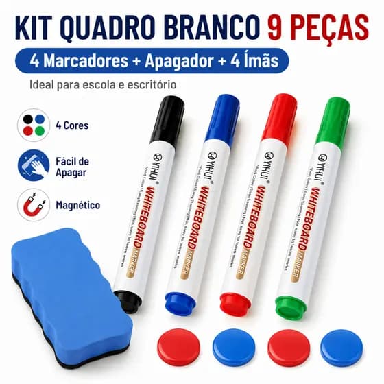 Kit Quadro Branco 9 Peças com 4 Canetas Coloridas, Apagador Magnético e Ímãs