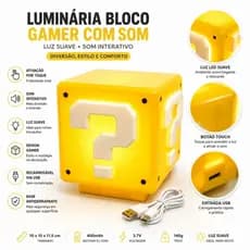 Luminária Bloco Super Mario Bros com Som Abajur Gamer LED Decoração Quarto
