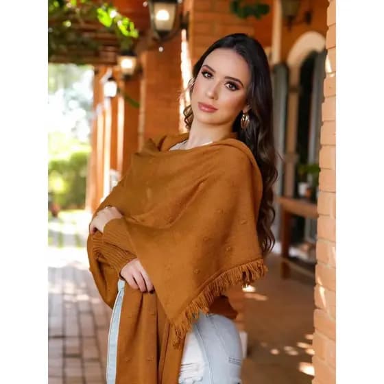 Capa Poncho Tricot Feminino Inverno Moda Tendência Elegante Xale com Franjas Boho Chic Plus Size