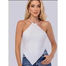 Top Frente Única Tricot Tipo Lenço Cropped Feminino Liso Amarração nas Costas Bico Moda Tricô Crochê
