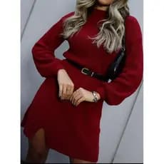 Vestido Mousse Tricot Inverno Elegante Tendência Fenda na Lateral Frio Moda