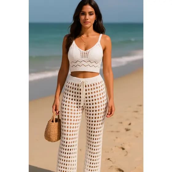 Conjunto Saída de Praia Calça e Top Tricot Feminino Crochê Piscina Verão Moda Tendência Rendado