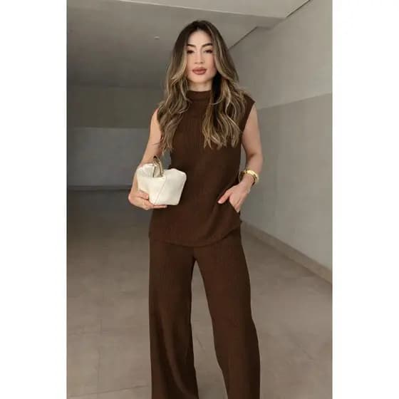 Conjunto Tricot Feminino Max Colete Calça Pantalona Outono Inverno Moda Tendência Aerolook