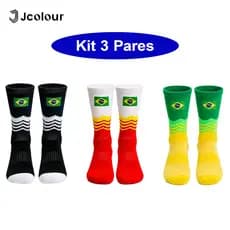 Jcolour Kit 3 Meias de Futebol Antiderrapantes Respiráveis e Confortáveis com a Bandeira do Brasil