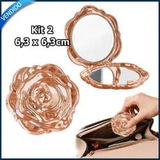 2 Espelho de bolso em forma rosa espelho redondo espelho maquiagem dupla face espelho para presente festa Rosa Dourado