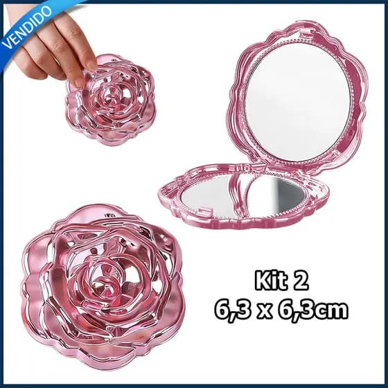 Kit 2 Espelho de bolso em forma rosa espelho redondo espelho maquiagem dupla face espelho para presente festa - Rosa