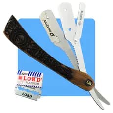 Navalhete Barbeiro Profissional Cabo Madeira Nobre Aço Inox + Case + 10 Lâminas Grátis Navalha Barba