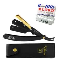 Navalhete Navalha De Barbear Profissional Preto Clip Dourado Aço Inox + 10 Lâminas Grátis