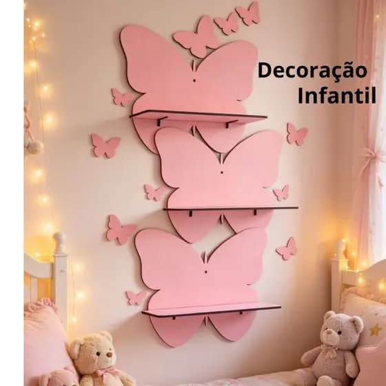 Kit 3 Prateleiras Rosa Modelo Borboleta Infantil Decoração Quarto e Sala