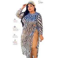 Saída de Praia Plus Size Tule Estampa Zebra com Fenda Lateral – Moda Praia Feminina Tamanho Grande 44 ao 50 ref:2480