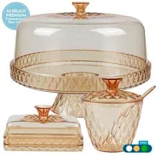 Boleira Com Tampa Borda Alta e Pé Com Açucareiro e Manteigueira Em Acrílico Resistente BPA Free