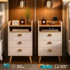 Mesa de Cabeceira Luxo Concha porta celular Monet 04 Gavetas Pés Palito Quarto Organizador Opcao 03 gavetas - LANÇAMENTO