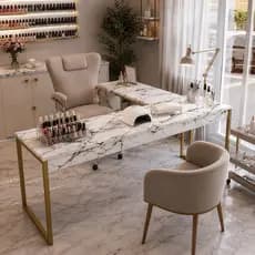 MESA SALÃO INDÚSTRIAL EM L HOME OFFICE ESCRITÓRIO MANICURE ATÉ 1.20CM PES DOURADO MARMORE UV Queima de estoque