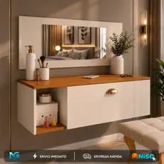 Penteadeira Bancada Camarim makeup Suspensa com Espelho, 0,90 e 1.20 Gaveta com Divisória e Nichos Make Up Body Splash