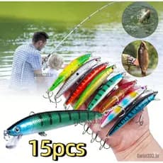 Kit 15 Lures Iscas Artificial Meia água de simulação 9cm 8,5g 3D Eyes Fishing Swimmers Cauda com gancho