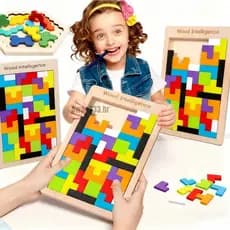 Brinquedo Montessori Tabuleiro Tetris Quebra cabeça 3D Tangram de madeira Mdf jogos educativos pedagógicos