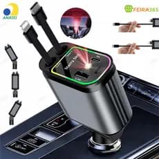 Carregador Retrátil para Carro 4 em 1 com Luz LED 180° Ajustável e Cabo Flexível para iPhone Android